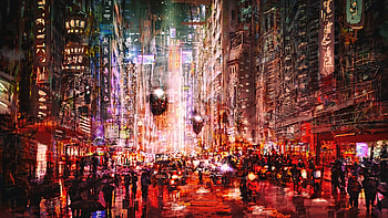 Dense, cityscape, cyberpunk, fantasy, art HD wallpaper