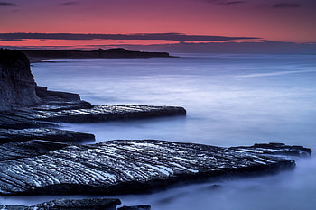 Coast, sunset, fog, rocks, mist HD wallpaper