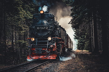 A vintage steam train travels through a dense forest under dramatic skies, exuding nostalgia and adventure. HD wallpaper
