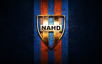 Olympique de Medea, golden logo, Algerian Ligue Professionnelle 1, blue metal background, football, Algerian football club, Olympique de Medea logo, soccer HD wallpaper