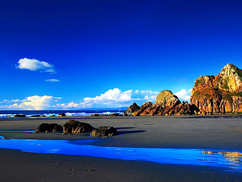 Sky, Mountains, Landscape, Stones, Beach HD wallpaper