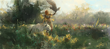 :), animal, frumusete, bird, tiger, art, girl, owl, fantasy, hongda zhang, tigru, bufnita, luminos, pasari HD wallpaper