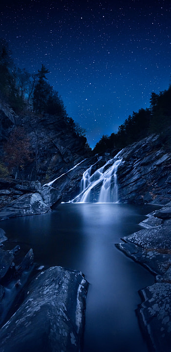 Starry sky night, Waterfall ambiance, Serene stones HD phone wallpaper