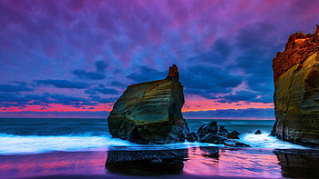 Waipipi Beach, Tasman Sea, New Zealand, sky, rocks, sunset, ocean, clouds HD wallpaper