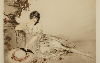Near the urn, urn, art, girl, hat, woman, louis icart HD wallpaper