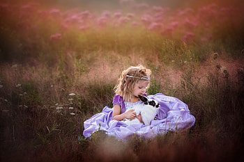 Little girl with bunny, animal, girl, dress, copil, little, bunny, purple, pink, rodent, child, rabbit HD wallpaper