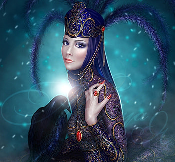~Raven Queen~, animal, feathers, colors, digital art, dress, charm, lady, adorned, drawings, elegance, queen set, hat, female, gorgeous, weird things people wear, paintings, beautiful, people, raven queen, raven, crow, cool, models, women HD wallpaper