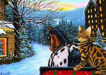 Baxter's Sleigh Ride, winter, artwork, horse, painting, snow, cat, cart HD wallpaper