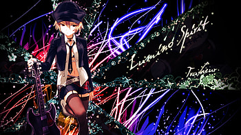 lumino-musique, colorful, black, superstar, musician, guitar, cute, dress, abstract, short hair, blonde hair, hat, female, sexy, neon light, color, hot, girl, diva, dark, multicolor, tie, star, anime girl, neon, anime, light, idol, belt HD wallpaper