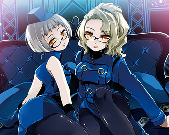 Which did U Choose, sexy, yellow eyes, blue short hair, hot, uniform, cute, girl, anime girl, anime, sunglasses, glasses, female HD wallpaper
