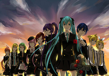 The Vocaloid Crew, suits, crew, hatsune miku, rin and len kagamine, vocaloid, people, team, anime, group, megurine luka HD wallpaper