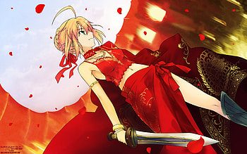 Fate/Stay Night, saber, petals, ribbons, blonde hair, fate stay night, green eyes HD wallpaper