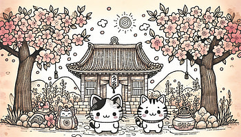 Kawaii Cats and Cherry Blossoms, kawaii, cat, cherry blossom, temple, cute, cute cat HD wallpaper