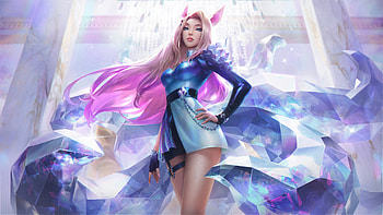 Pink hair elf, Ahri, beautiful girl, LOL game, art HD wallpaper