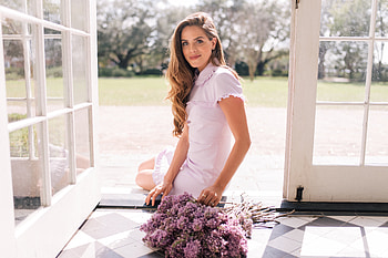 Women Sitting On Door With Flowers, girls, model HD wallpaper