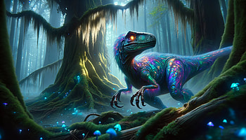 Mystical Dinosaur in Enchanted Forest, dinosaur, velociraptor, forest, fantasy, colorful HD wallpaper