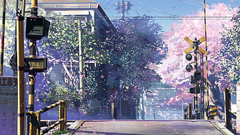 Cherry blossoms streets Makoto Shinkai railroad tracks roads 5 Centimeters Per Second railroads railroad crossing HD wallpaper