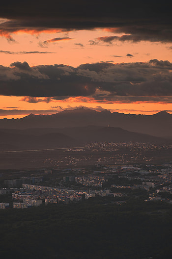 Nature, Sunset, Mountains, City, Evening HD phone wallpaper