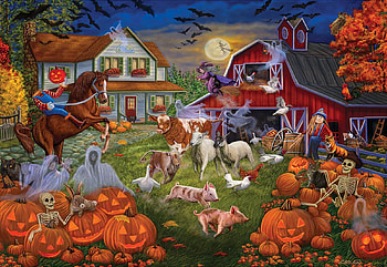 Haunted Barnyard, halloween, pumpkins, birds, pigs, horse, art, animals, house, digital HD wallpaper