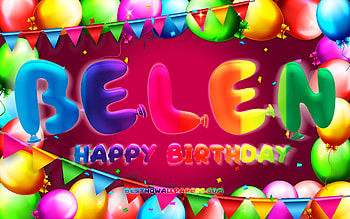 Happy Birtay Belen, , colorful balloon frame, Belen name, purple background, Belen Happy Birtay, Belen Birtay, popular american female names, Birtay concept, Belen HD wallpaper