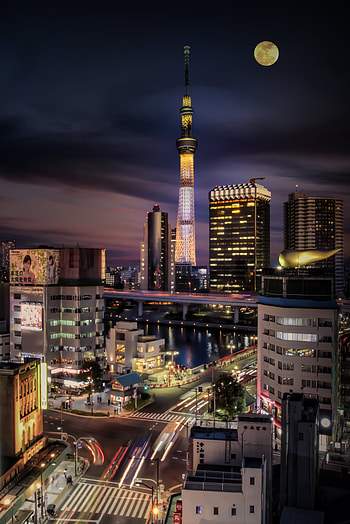 Cities, Moon, Night City, Tower HD phone wallpaper
