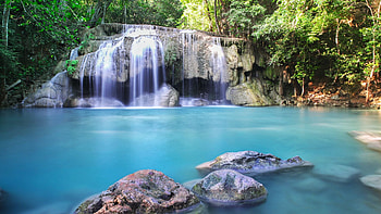 Tropical Waterfall, water, rocks, river, plants, trees, cascades HD wallpaper