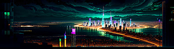 cityscape, panorama, neon, night, waterfront HD wallpaper