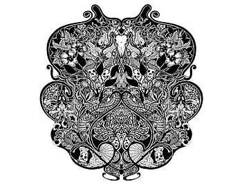Skulls and Symmetry, artwork, white, black, leaves, hand drawn, skull, flowers HD wallpaper