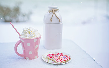 :), pink, sweets, whire, cookie, cup, heart, winter, milk, valentine, iarna HD wallpaper