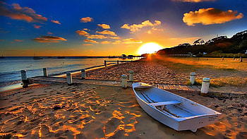 Coast, boats, sunset HD wallpaper