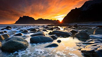sunset, landscape, hills, water, rocks HD wallpaper