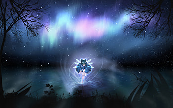 Aurora Cirnoalis, night, blue eyes, ribbon, blue hair, aurora borealis, lake, mist, touhou, short hair, cirno, ice HD wallpaper