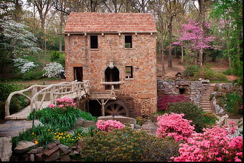 Old mill flowers garden, garden, beautiful, flowers, watermill, spring HD wallpaper