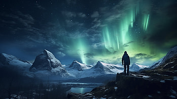 Hiker Under Aurora Borealis - Mountain Night Sky, aurora borealis, mountain, hiking, Sports HD wallpaper