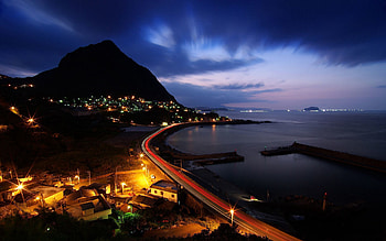 Cities, Night, Shore, Bank, Ocean, Elevation, Highway HD wallpaper