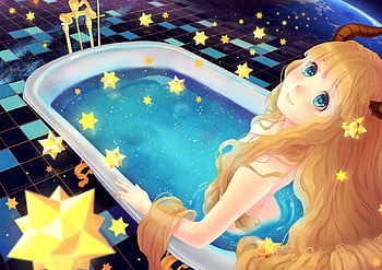 Cute Demon, orginal, bath, horn, girl, stars, long hair, demon HD wallpaper