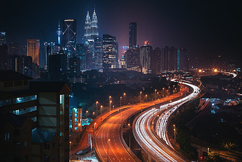 Petronas Twin Towers, Night city view, Highway underpass, Kuala Lumpur skyline HD wallpaper