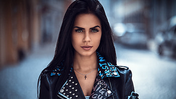 Marlen Alvarez Valderrama, Brunette, Beautiful, Girl, Model, Women, Blur, Background, Black, Jerkin, Blue, Letters, Print Girls HD wallpaper