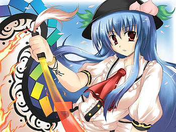 Hinanawi Tenshi, blue, colorful, sword, girl, long hair, hat, tie HD wallpaper
