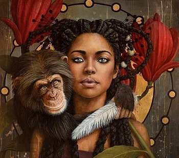 :), portrait, red, pictura, gurl, face, maimuta, monkey, art, sophie wilkins, feather, painting HD wallpaper