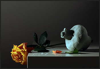 still life 1, yellow rose, green pot, art , still life, table, nature HD wallpaper