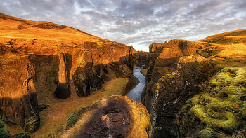 Fjadrargljufur Canyon, Iceland, clouds, river, sky, rocks, landscape HD wallpaper