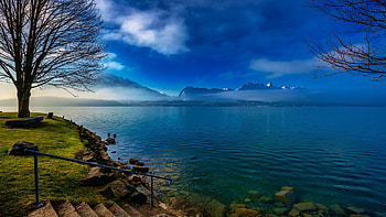 Lake Thun, Switzerland, water, shore, clouds, trees, sky, alps, mountains HD wallpaper