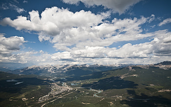 Jasper form Mt Whistler, blue, town, beautiful, panorama, valley, clouds, nature, sky, mountains HD wallpaper
