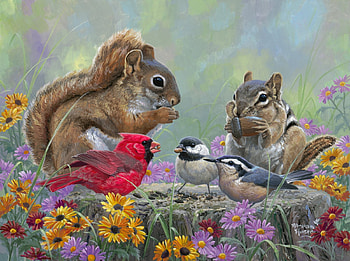 Smorgasbord, artwork, skipmunk, birds, painting, flowers, squirrel HD wallpaper