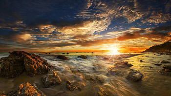 El Matador State Beach, California, colors, USA, stones, waves, clouds, Malibu, rochs, sky, sun, sunset, ocean HD wallpaper