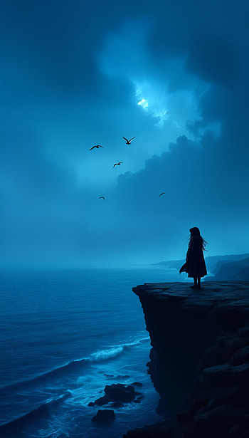 Solitude's Embrace: A Lonely , cliff, ocean, silhouette, blue HD phone wallpaper