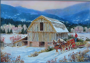 The Colorado Snow, barn, colorado, painting, snow HD wallpaper