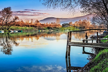 The River, river, boat, color, light, landscape, sun, lake, sunrise HD wallpaper
