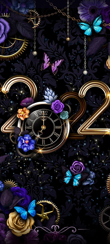 Butterfly and Rose, electric blue, art, Christmas, festival, dark, 2022, NewYear, clock, flower HD phone wallpaper